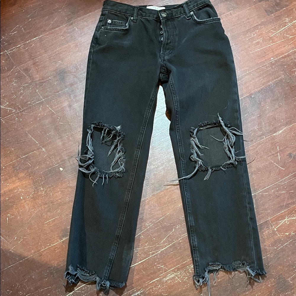 We The Free Black Distressed Straight-Leg Jeans
